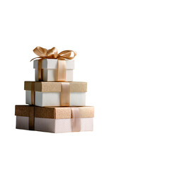 Obraz premium Elegant stack of luxurious gift boxes adorned with shimmering gold ribbons, perfect for celebrations and special occasions.