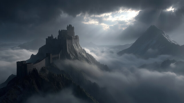 Dark castle looms over a mystical fantasy landscape with swirling clouds and dramatic lighting