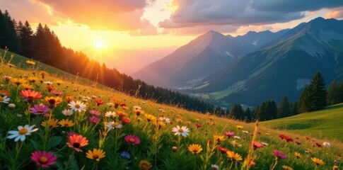 Sunrise over alpine meadow, wildflowers in bloom, serenity, colorful