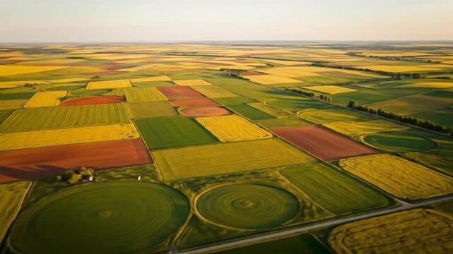 Aerial view of vibrant farmland showcasing patchwork fields in various colors under a sunset sky