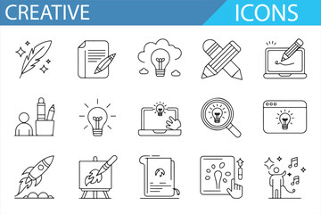 Set of Creative Icons Featuring Lightbulbs, Design Tools, and Innovation Concepts