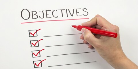 Hand Writing Objectives Checklist on Whiteboard Red Marker, Goal Setting, Task Management, Productivity Goal Setting, Productivity