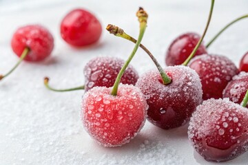 Many frozen cherries on white background, close-up