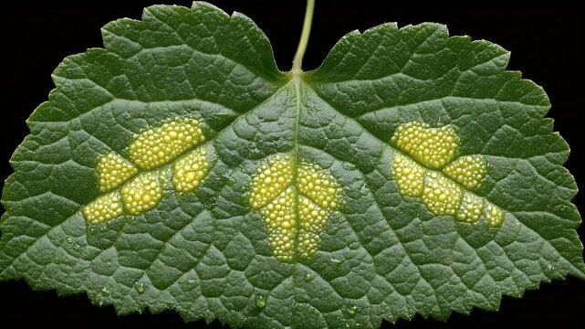 Detailed Macro Scan Across a Vibrant Green Leaf, Revealing Strange Yellow Blister Galls and Water Droplets.