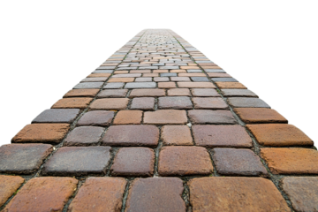 Cobblestone walkway, textured brick surface, perspective disappearing point on transparent background
