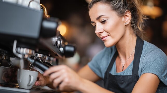 Skilled woman barista smiling prepares fresh hot coffee drink using professional espresso machine - Powered by Adobe