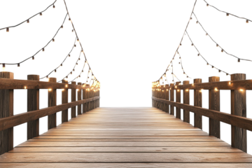 Enchanting wooden bridge decorated with string lights on transparent background