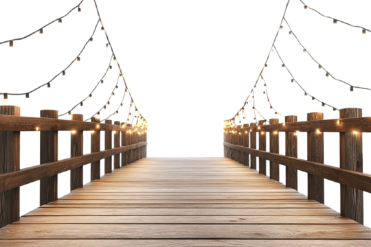 Enchanting wooden bridge decorated with string lights on transparent background - Powered by Adobe