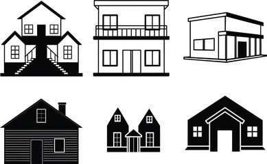 Collection of Residential and Commercial Building Silhouettes for Architectural Design and Construction Concepts