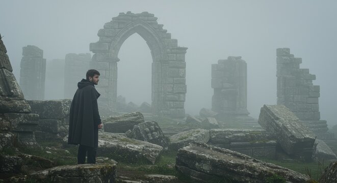 Misty ruins and brooding figure evokes themes of contemplation and isolation