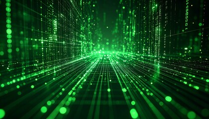 Green Digital Cityscape with Data Flow.