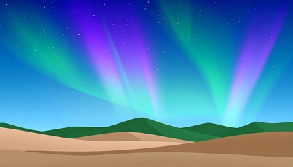 Obraz premium Nighttime landscape with aurora borealis over hills.