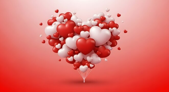 A large heart shape formed by many smaller red and white hearts on a red gradient background, symbolizing love and romance - Powered by Adobe
