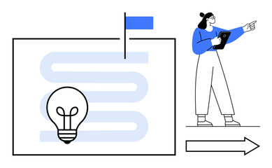 Woman holding tablet pointing forward beside map with path, idea bulb, and flag for goal destination. Ideal for strategy, innovation, progress, leadership, planning, goal setting simple landing page