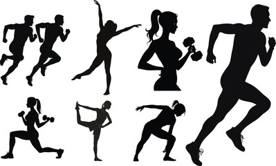 Fototapeta premium Women fitness workout poses silhouette set, aerobics yoga Pilates and gym exercise vector illustration