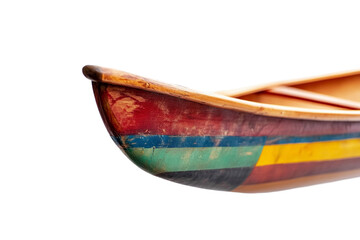 Antique canoe with colorful stripes detailed closeup view on transparent background