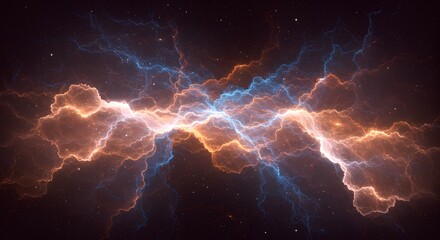 Vibrant abstract lightning storm with glowing orange and blue energy bolts crackling across a dark, starry background, symbolizing raw power and natural forces