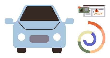 Front view of a blue car alongside analytic charts, graphs, and warning icons. Ideal for data analysis, vehicle diagnostics, technology, transportation, safety, innovation and business concepts