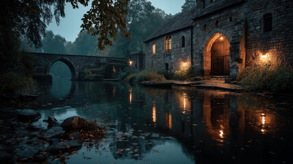 Dark castle landscape at twilight with reflections in the tranquil water