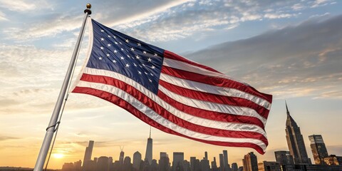 Naklejka premium American Flag at Sunset Over NYC Skyline Compositional Photography, Patriotism, USA, Flag, Cityscape Patriotism, Americana