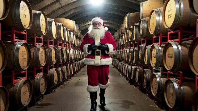 A man dressed as Santa Claus walking through a wine cellar filled with barrels