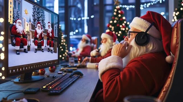 A man in a santa claus outfit sitting at a desk in front of a computer