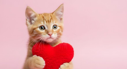 Adorable orange kitten holding a red heart against a pink background, symbolizing love and affection, perfect for valentines day or any romantic occasion