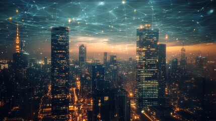 Fototapeta premium Exploring the innovative concept of connectivity among skyscrapers in vibrant downtown areas