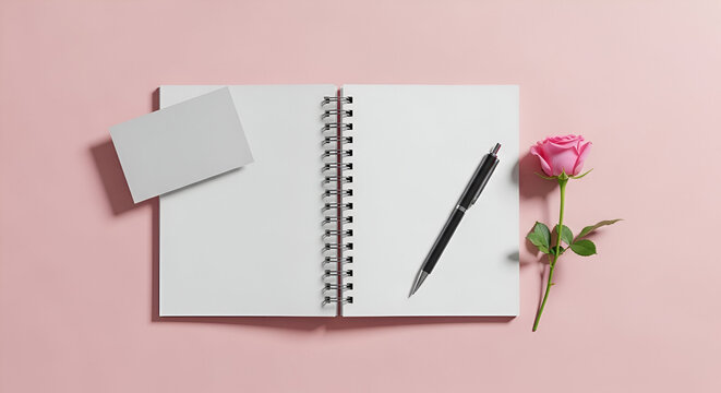 Modern flat lay of stationery with pink background, notebook, pen, and minimal elegant style for branding and mockup use.