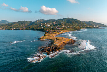Aerial drone panorama landscape of Yason Burnu (aka Cape Yason) and its lighthouse. Located at Persembe, Ordu, Black Sea region of Turkey 