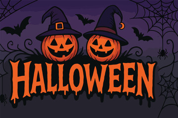 Halloween pumpkins with witch hats bats and spider webs
