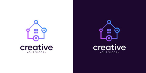 House with Dots Strip Tech Connect Logo Design Inspirations. Abstract Vector of Home Digital Tech Concept.