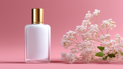 Elegant pink perfume bottle with golden cap, surrounded by delicate white flowers on a soft pink background, evoking beauty, romance, and femininity