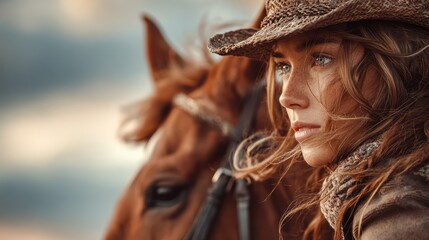 Woman with flowing hair gazes into the distance while riding her horse during a golden sunset in the countryside