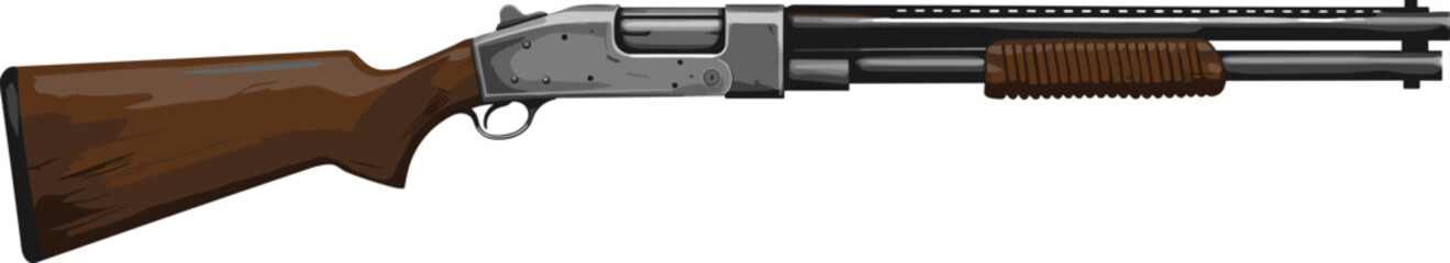 Vintage pump-action shotgun, classic firearm, hunting weapon, detailed vector illustration, wooden stock, metal barrel, rifle drawing