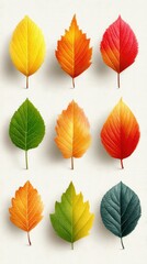Fototapeta premium Collection of vibrant autumn leaves displaying various colors and textures arranged on a light background