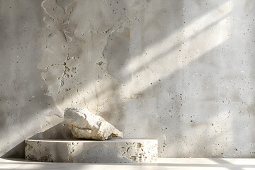 Ultra detailed product style photo of Minimalist Art Wallpaper Featuring a Beige Concrete Texture with Abstract Broken Stone Elements on a Three Dimensional Stage for a Modern PresentationMinimalist A