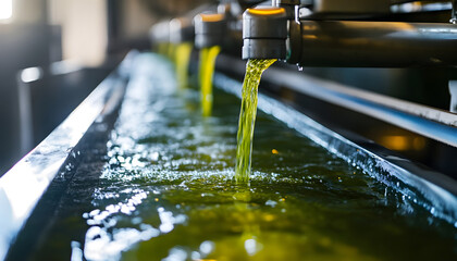 A macro view of renewable feedstock being processed with organic materials like algae and plant fibers being transformed into a viscous liquid ready for enzymatic reaction