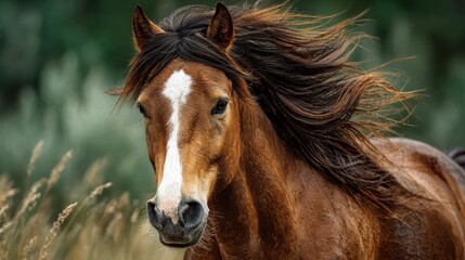 Obraz premium Majestic brown horse galloping through tall grass under a clear blue sky on a sunny afternoon