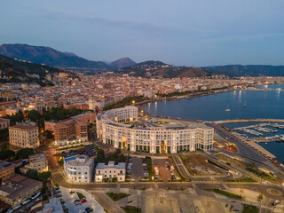 Aerial landscape Salerno city Amalfi Coast at sunset during summer Mediterranean Sea Coast