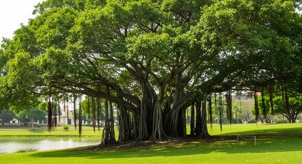 Obraz premium Majestic banyan tree with hanging roots in a lush green park beside a calm pond on a sunny day