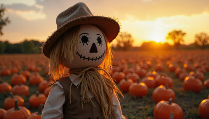 Cute scarecrow doll wearing a hat and straw hair standing in a vibrant pumpkin patch.