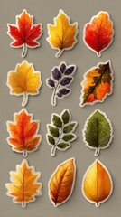Fototapeta premium Colorful autumn leaves in various shapes and colors featured as decorative stickers on a neutral background