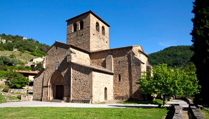 Fototapeta premium Stone church with tower, nestled in hills