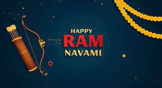 Happy ram navami greeting with lord ramas bow and arrow, golden garlands, and festive decorations on a dark blue background, celebrating hindu tradition and devotion