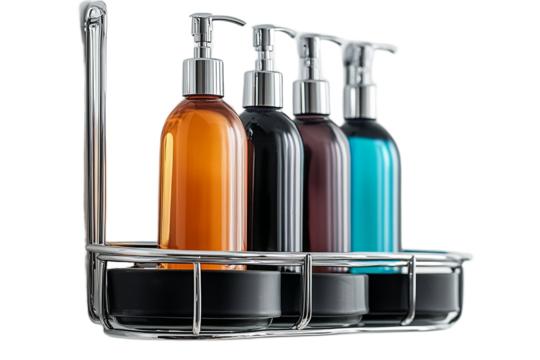 Liquid soap dispensers in shiny metal caddy on transparent background