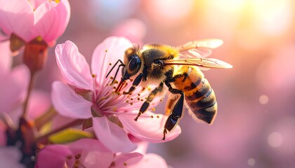 Bee on a delicate pink flower in spring