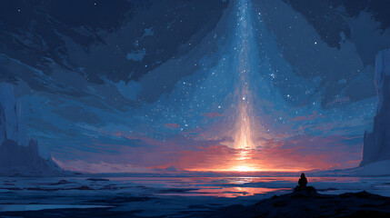 An astronaut kneels before a radiant cosmic pillar rising from obsidian plains, digital art style, illustration painting