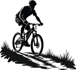Naklejka premium Cyclist Riding Mountain Bike through Tall Grass, Side-View Silhouette Outdoor Adventure Sport Vector Artwork
