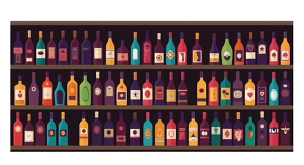 Stylized vector illustration of a vibrant wine cellar shelves full of bottles